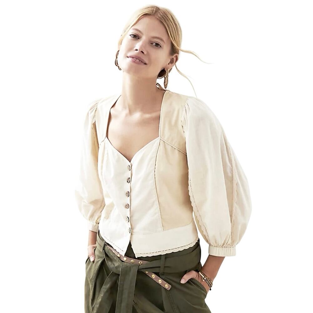 ANTHROPOLOGIE LET ME BE Women’s Boho Puff Sleeve Sweetheart Blouse